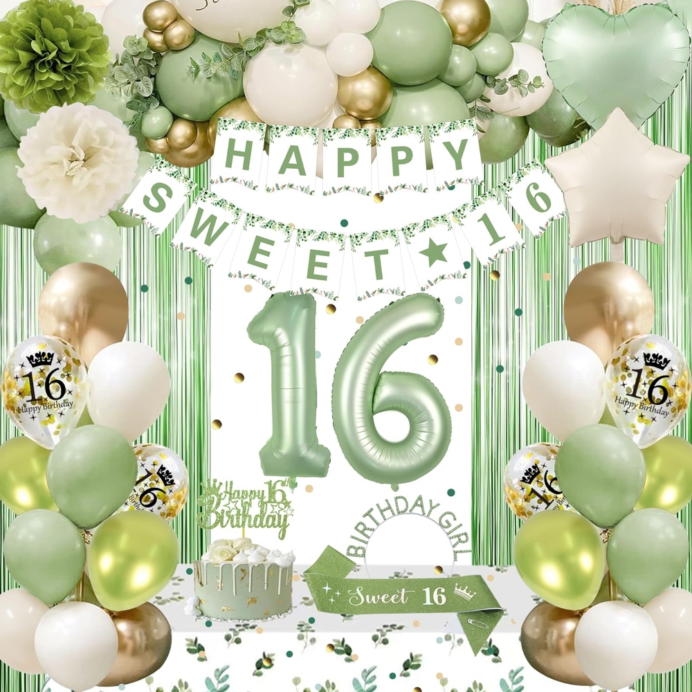 Sweet 16 Green and Gold Party Decoration Set